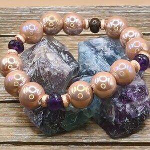 Champagne Ceramic, Amethyst and Rose Gold Beaded Bracelet